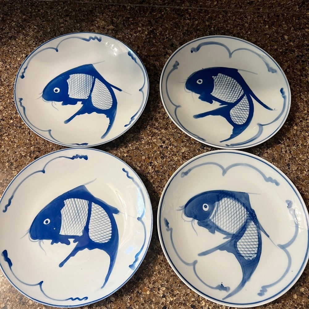 Koi Fish Ceramic Dinner Plate 9.25 inch Blue and White Set of 4 Porcelain Dinner
